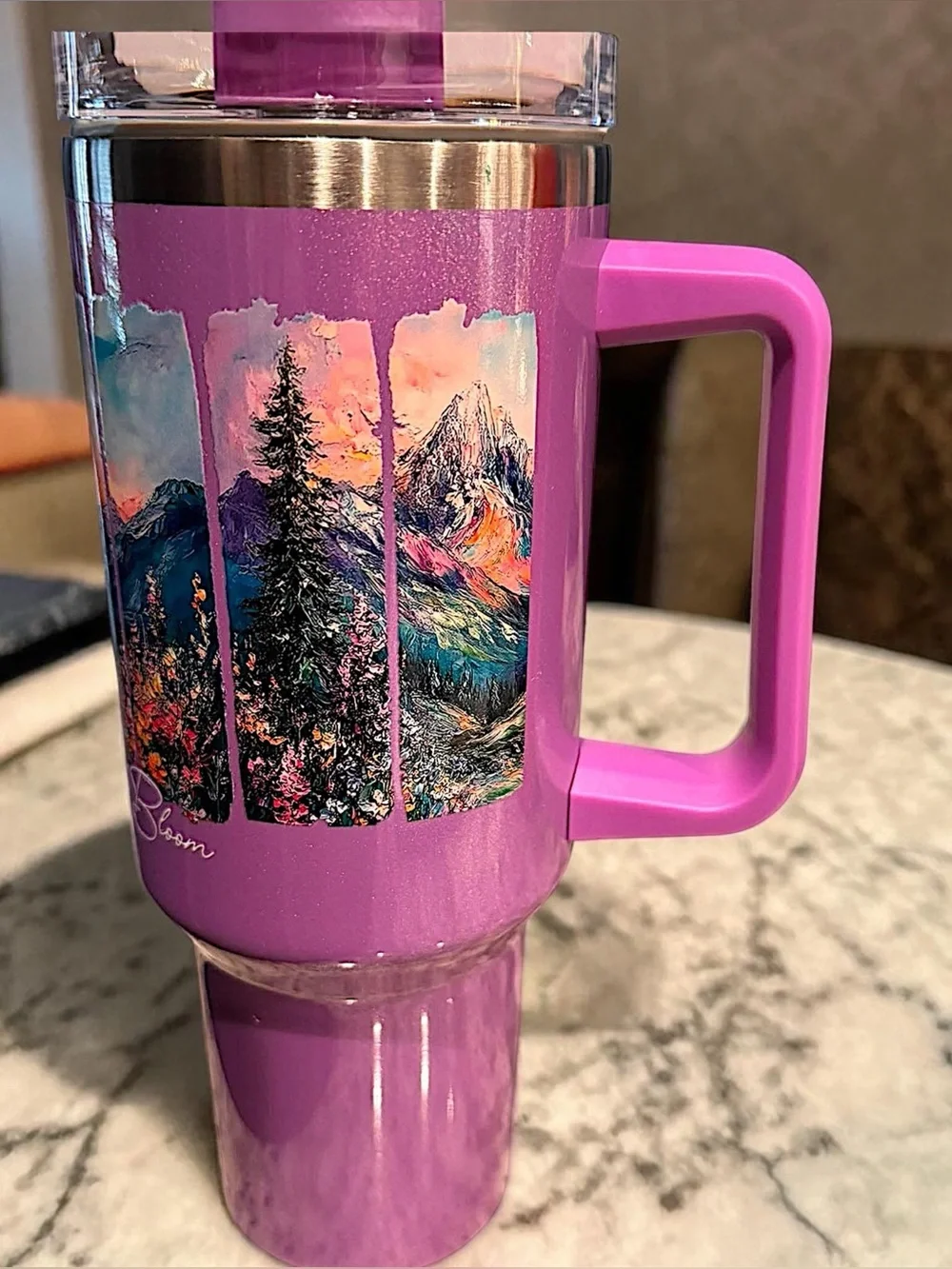 Let your faith bloom Insulated Travel Mug Mountain art stainless steel NEW w BOX